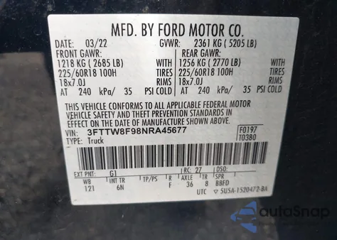 2022 Ford Maverick Lariat из США, поврежденный, VIN 3FTTW8F98NRA45677